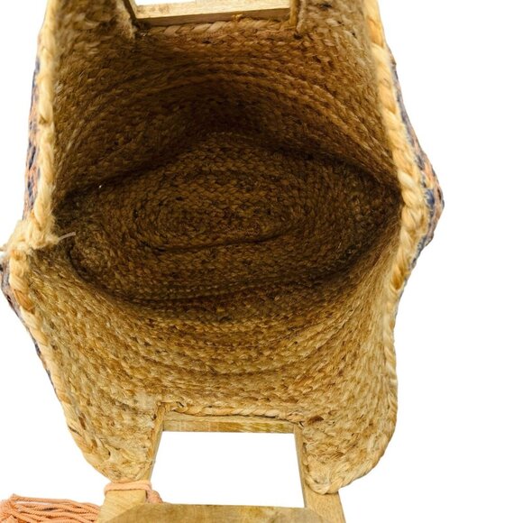 Natural Jute Woven Tote Peach Black 19”x14” Square Wood Handle Shell Tassel - Picture 14 of 16